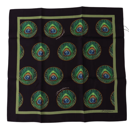 Dolce & Gabbana Black Peacock Feather DG Printed Square Handkerchief Scarf