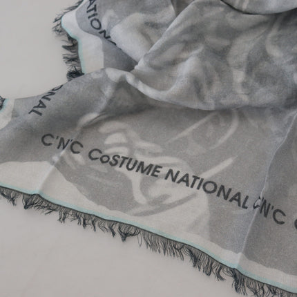 Costume National Gray Print Shawl Foulard Fringes Scarf