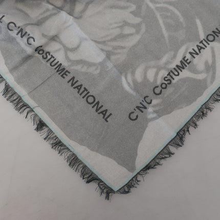 Costume National Gray Print Shawl Foulard Fringes Scarf