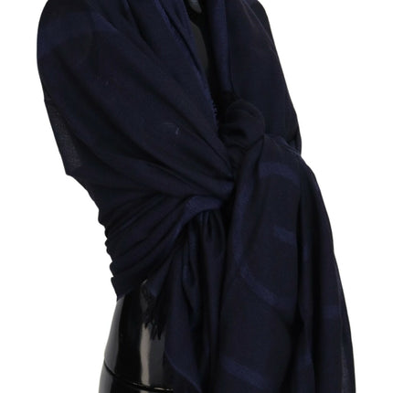 GF Ferre Dark Blue Wool Neck Wrap Shawl Fringes Scarf