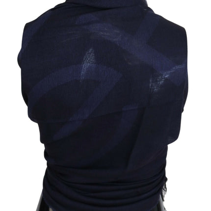 GF Ferre Dark Blue Wool Neck Wrap Shawl Fringes Scarf