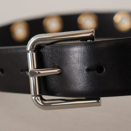 Dolce & Gabbana Black Leather Eyelet Silver Tone Metal Buckle Belt