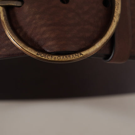 Dolce & Gabbana Brown Leather Wide Waist Logo Metal Round Buckle Belt