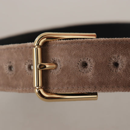 Dolce & Gabbana Light Brown Velvet Gold Tone Logo Metal Buckle Belt