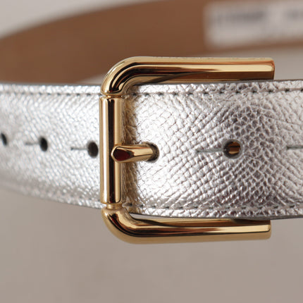 Dolce & Gabbana Silver Leather Gold Tone Logo Metal Waist Buckle Belt