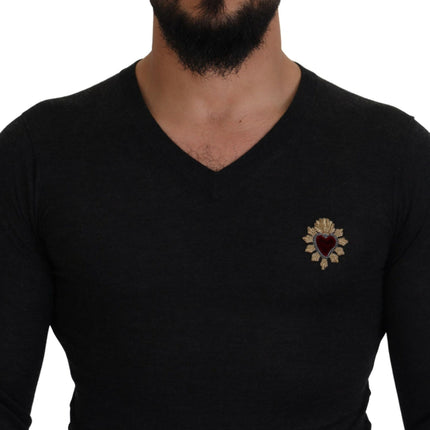 Dolce & Gabbana Gray Cashmere V-neck Gold Heart Sweater