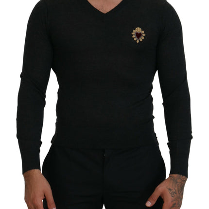 Dolce & Gabbana Gray Cashmere V-neck Gold Heart Sweater