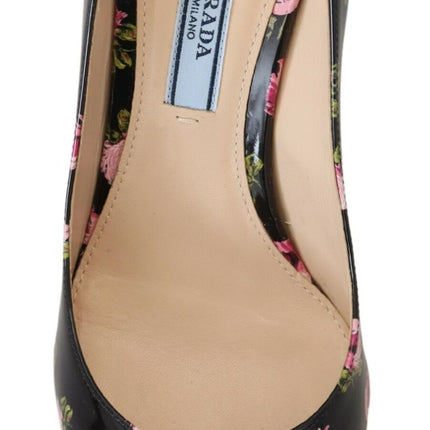 Prada Black Leather Floral Heels Stilettos Pumps