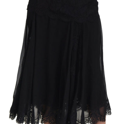 Dolce & Gabbana Black Silk Lace Trim High Waist Midi Skirt