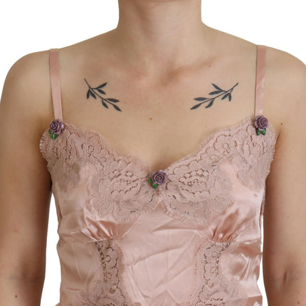 Dolce & Gabbana Pink Satin Lace Roses Tank Top Lingerie