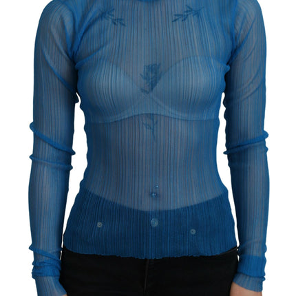 Dolce & Gabbana Blue Mesh Turtleneck Long Sleeve Blouse Top