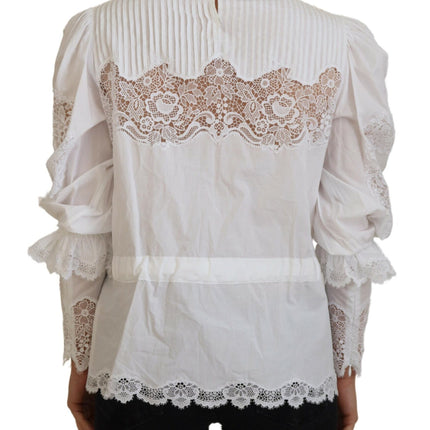 Dolce & Gabbana White Cotton Lace Trim Turtle Neck Blouse Top