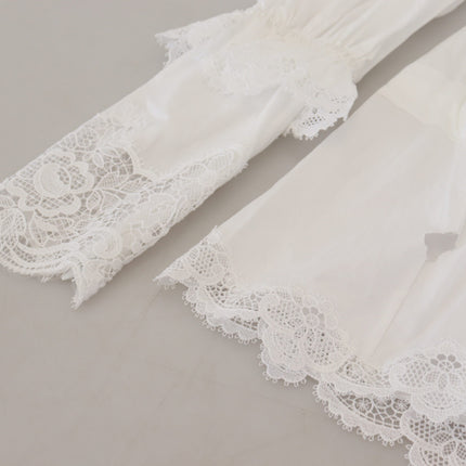 Dolce & Gabbana White Cotton Lace Trim Turtle Neck Blouse Top