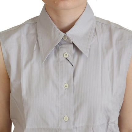 Ferre Light Gray Stripes Cotton Sleeveless Collared Top
