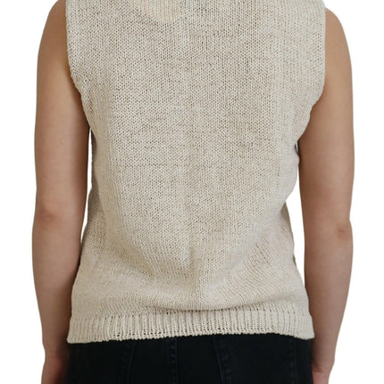 PINK MEMORIES Beige Cotton Blend Sleeveless Round Neck Tank Top