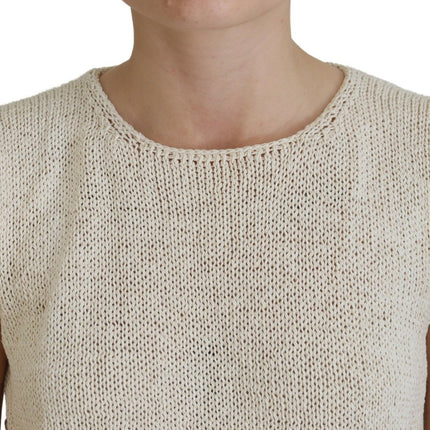 PINK MEMORIES Beige Cotton Blend Sleeveless Round Neck Tank Top