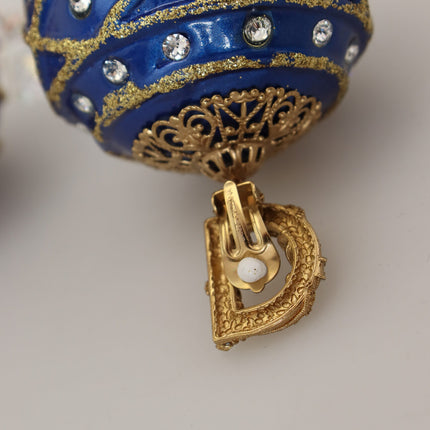 Dolce & Gabbana Gold Brass Blue Dangle Ball Crystal Clip On Earrings