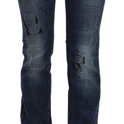 John Galliano Blue Newspaper Print Low Waist Skinny Denim Pants