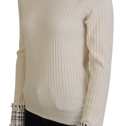 Dolce & Gabbana Ivory Turtleneck Distressed Cuff Pullover Sweater