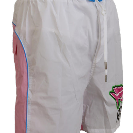 Dsquared² White Pink Logo Print Men Beachwear Shorts Swimwear
