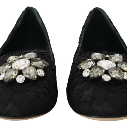 Dolce & Gabbana Black Taormina Lace Crystals Flats Shoes