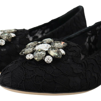 Dolce & Gabbana Black Taormina Lace Crystals Flats Shoes