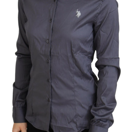 U.S. POLO ASSN. Gray Printed Long Sleeves Collared Top