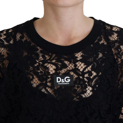 Dolce & Gabbana Black Floral Lace Cotton Shift Mini Dress
