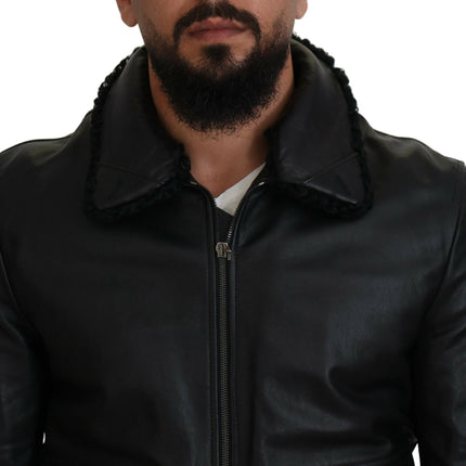 Dolce & Gabbana Black Lamb Leather Collared Men Coat Jacket