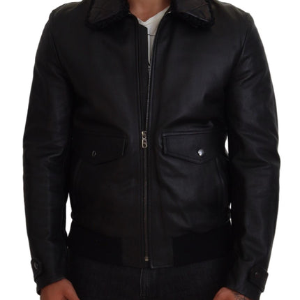 Dolce & Gabbana Black Lamb Leather Collared Men Coat Jacket