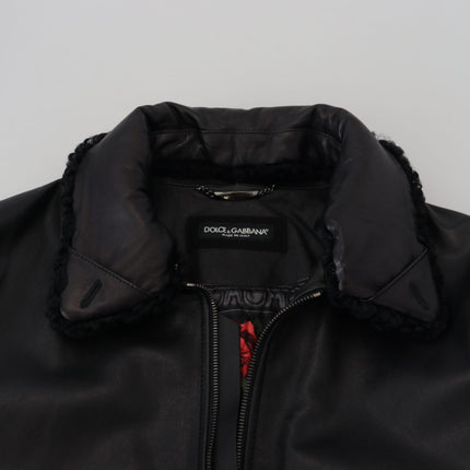 Dolce & Gabbana Black Lamb Leather Collared Men Coat Jacket