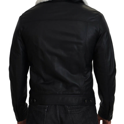 Dolce & Gabbana Black Lamb Leather Collared Men Coat Jacket