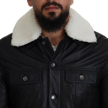 Dolce & Gabbana Black Lamb Leather Collared Men Coat Jacket