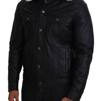 Dolce & Gabbana Black Lamb Leather Collared Men Coat Jacket