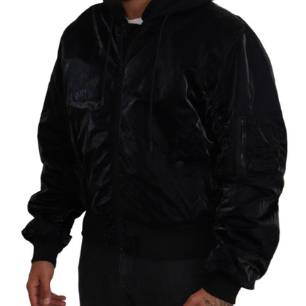 Dolce & Gabbana Black Nylon Hooded Full Zip Bomber Jacket