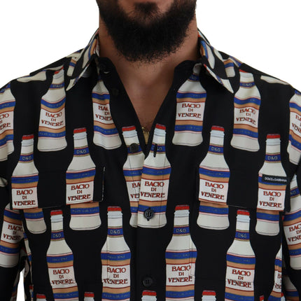 Dolce & Gabbana Black Silk Printed Collared Men Casual Shirt