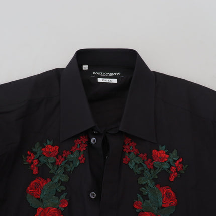 Dolce & Gabbana Black Floral Embroidery Men Long Sleeves GOLD Shirt