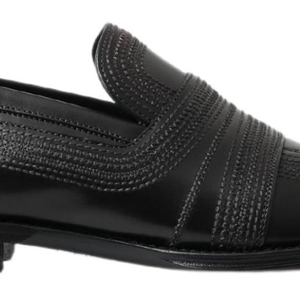 Dolce & Gabbana Black Leather Slipper Loafers Stitched Shoes