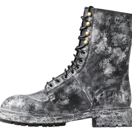 Dolce & Gabbana Black Gray Leather Mid Calf Boots Shoes