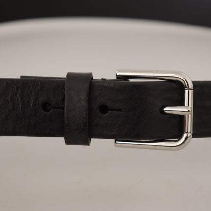 Dolce & Gabbana Black Calf Leather Silver Tone Logo Metal Buckle Belt