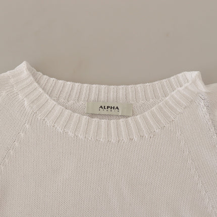 Alpha Studio White Long Sleeves Crewneck Pullover Sweater
