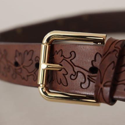 Dolce & Gabbana Brown Leather Floral Studded Metal Buckle Belt