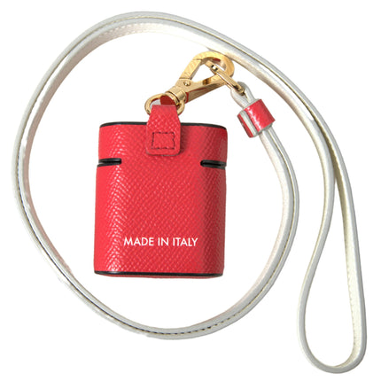 Dolce & Gabbana Red Leather Gold Tone Metal Logo Print Strap Airpods Case