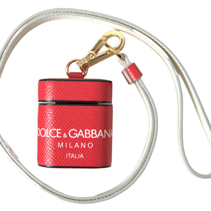 Dolce & Gabbana Red Leather Gold Tone Metal Logo Print Strap Airpods Case