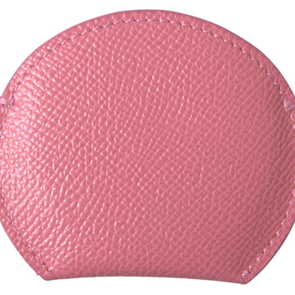 Dolce & Gabbana Pink Calfskin Leather Round Logo Print Hand Mirror Holder