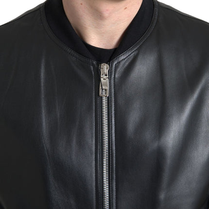 Dolce & Gabbana Black Leather Full Zip Bomber Men Jacket
