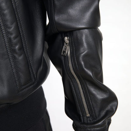 Dolce & Gabbana Black Leather Full Zip Bomber Men Jacket
