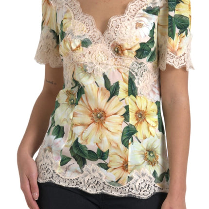 Dolce & Gabbana Multicolor Floral Lace V Neck Blouse