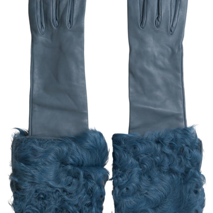 Dolce & Gabbana Blue Leather Fur Mid Arm Length Gloves