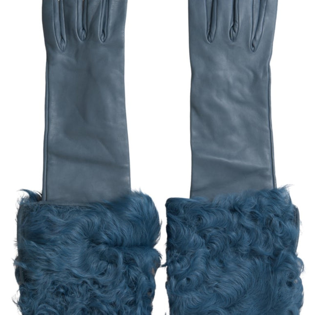 Dolce & Gabbana Blue Leather Fur Mid Arm Length Gloves